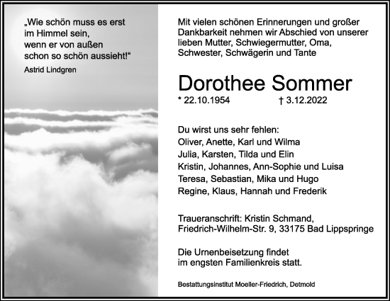Anzeige  Dorothee Sommer  Lippische Landes-Zeitung