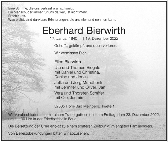 Anzeige  Eberhard Bierwirth  Lippische Landes-Zeitung