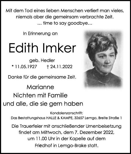 Anzeige  Edith Imker  Lippische Landes-Zeitung