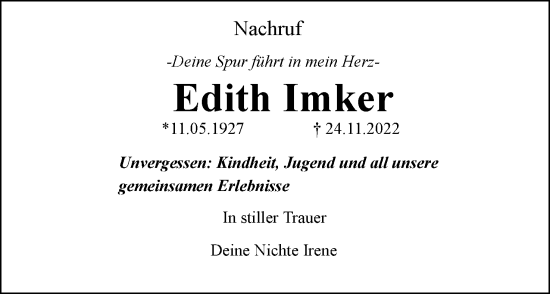 Anzeige  Edith Imker  Lippische Landes-Zeitung