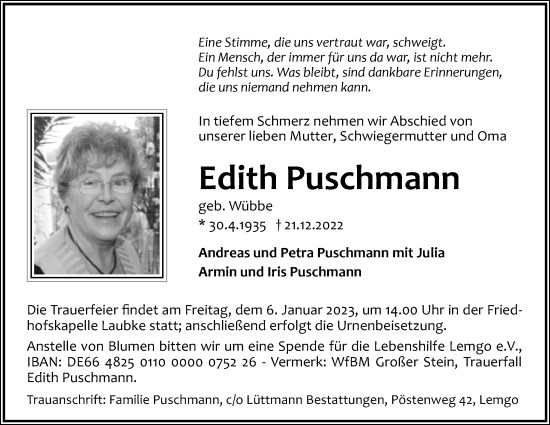 Anzeige  Edith Puschmann  Lippische Landes-Zeitung