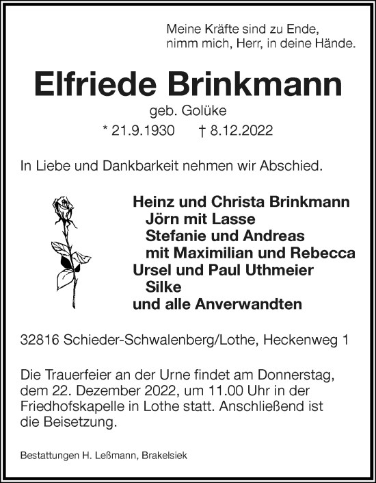 Anzeige  Elfriede Brinkmann  Lippische Landes-Zeitung