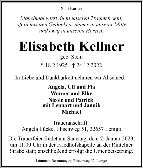 Anzeige  Elisabeth Kellner  Lippische Landes-Zeitung