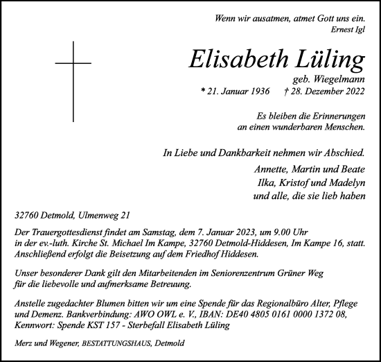 Anzeige  Elisabeth Lüling  Lippische Landes-Zeitung