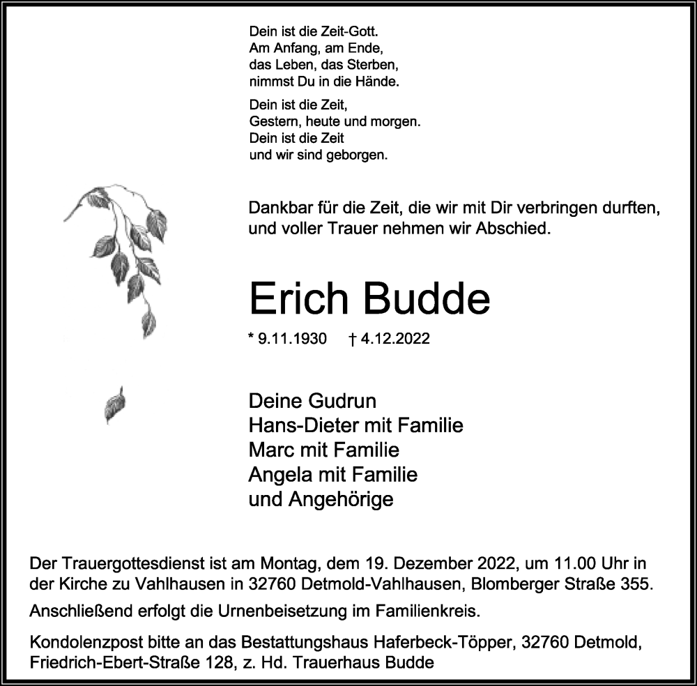  Traueranzeige für Erich Budde vom 07.12.2022 aus Lippische Landes-Zeitung