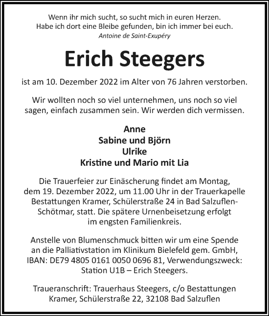 Anzeige  Erich Steegers  Lippische Landes-Zeitung