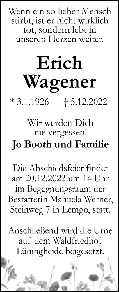 Anzeige  Erich Wagener  Lippische Landes-Zeitung