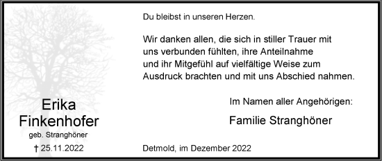 Anzeige  Erika Finkenhofer  Lippische Landes-Zeitung