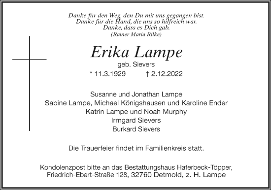 Anzeige  Erika Lampe  Lippische Landes-Zeitung