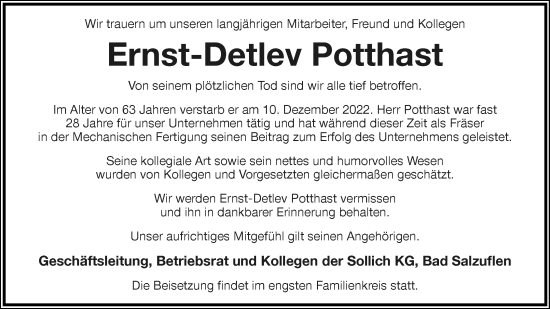 Anzeige  Ernst-Detlev Potthast  Lippische Landes-Zeitung