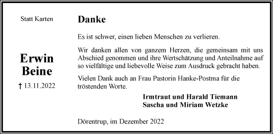 Anzeige  Erwin Beine  Lippische Landes-Zeitung
