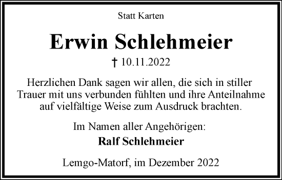 Anzeige  Erwin Schlehmeier  Lippische Landes-Zeitung