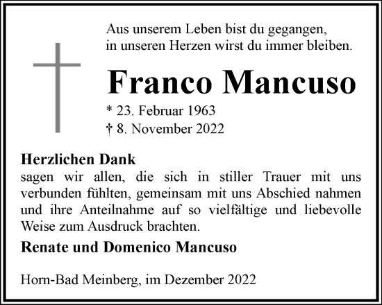 Anzeige  Franco Mancuso  Lippische Landes-Zeitung