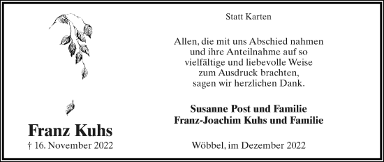 Anzeige  Franz Kuhs  Lippische Landes-Zeitung