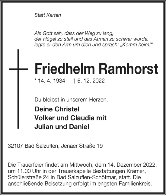 Anzeige  Friedhelm Ramhorst  Lippische Landes-Zeitung