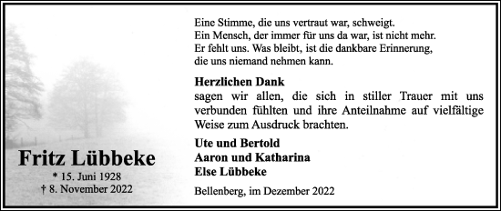 Anzeige  Fritz Lübbeke  Lippische Landes-Zeitung