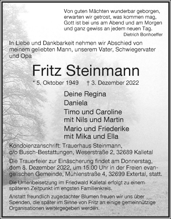 Anzeige  Fritz Steinmann  Lippische Landes-Zeitung