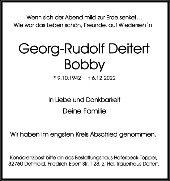 Anzeige  Georg-Rudolf Deitert  Lippische Landes-Zeitung