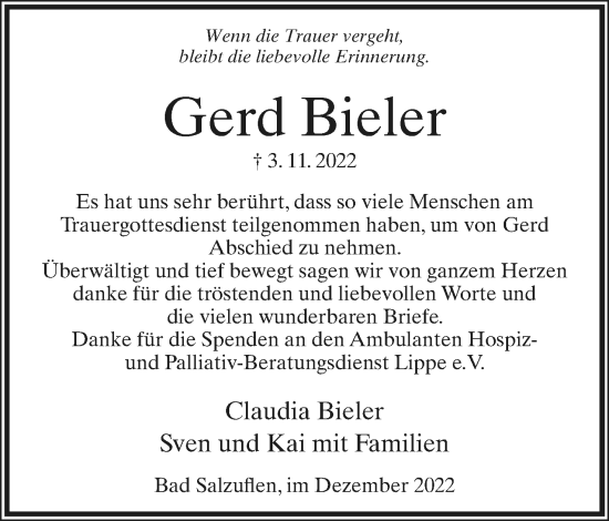 Anzeige  Gerd Bieler  Lippische Landes-Zeitung