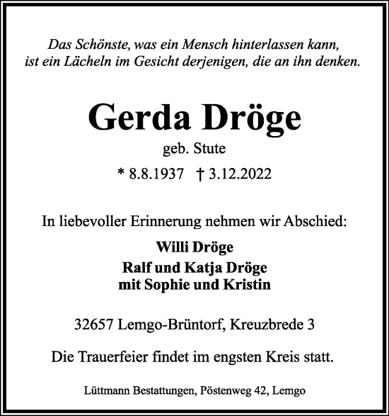 Anzeige  Gerda Dröge  Lippische Landes-Zeitung