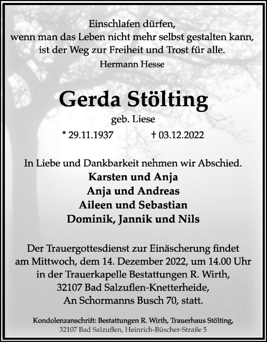 Anzeige  Gerda Stölting  Lippische Landes-Zeitung