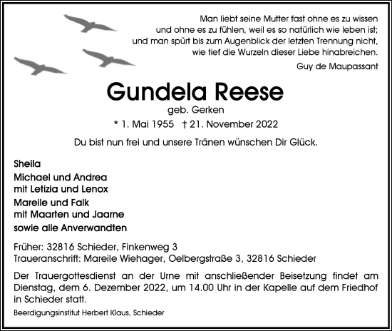 Anzeige  Gundela Reese  Lippische Landes-Zeitung