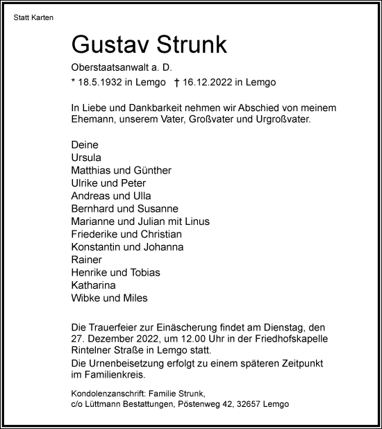Anzeige  Gustav Strunk  Lippische Landes-Zeitung