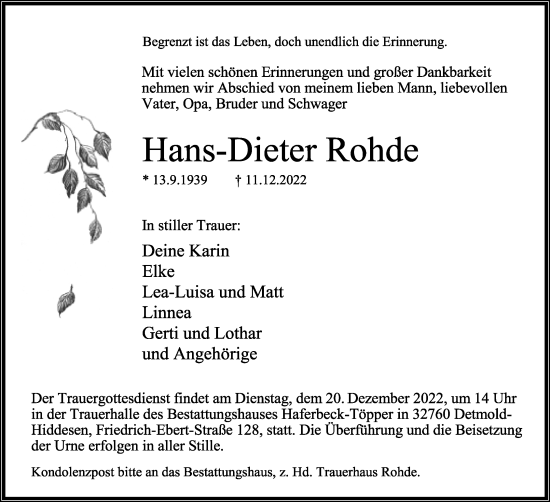 Anzeige  Hans-Dieter Rohde  Lippische Landes-Zeitung