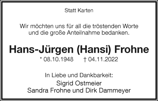 Anzeige  Hans-Jürgen Frohne  Lippische Landes-Zeitung