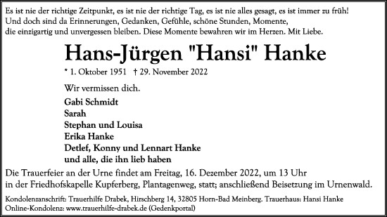 Anzeige  Hans-Jürgen Hanke  Lippische Landes-Zeitung