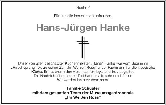Anzeige  Hans-Jürgen Hanke  Lippische Landes-Zeitung