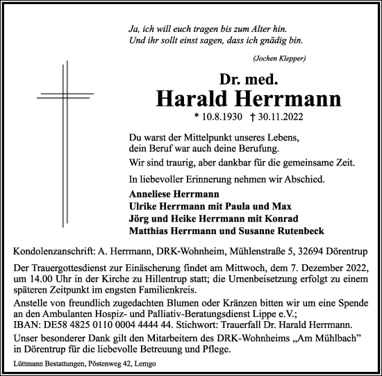 Anzeige  Harald Herrmann  Lippische Landes-Zeitung