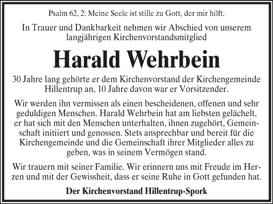 Anzeige  Harald Wehrbein  Lippische Landes-Zeitung