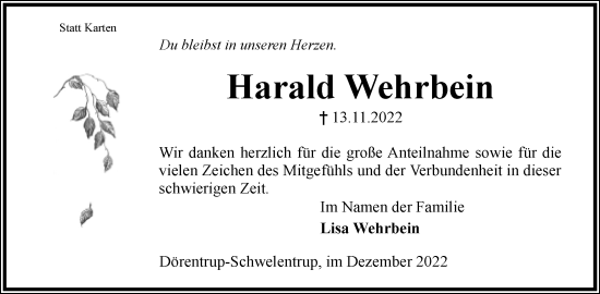 Anzeige  Harald Wehrbein  Lippische Landes-Zeitung