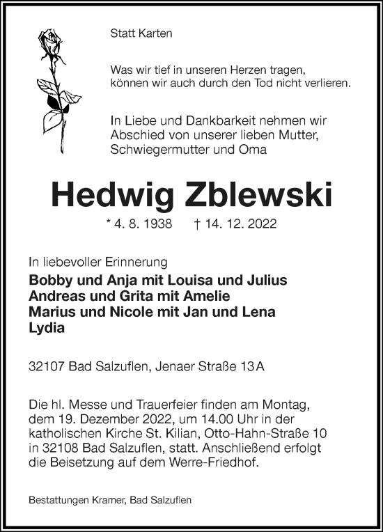 Anzeige  Hedwig Zblewski  Lippische Landes-Zeitung