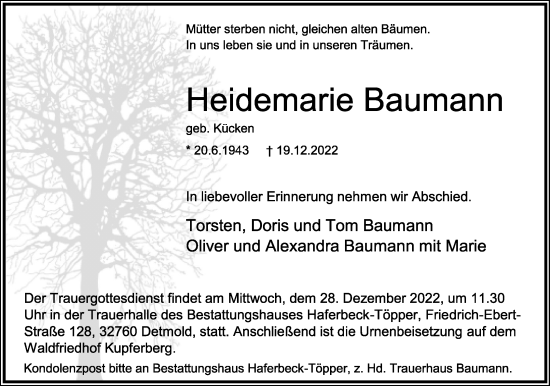 Anzeige  Heidemarie Baumann  Lippische Landes-Zeitung