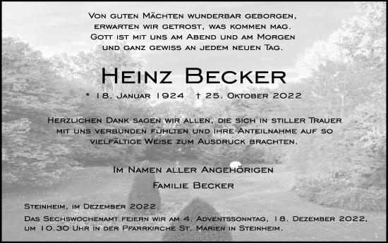 Anzeige  Heinz Becker  Lippische Landes-Zeitung