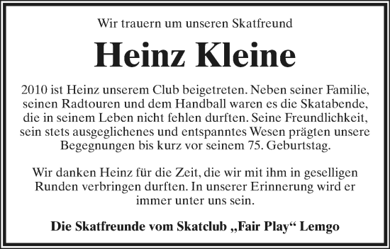 Anzeige  Heinz Kleine  Lippische Landes-Zeitung
