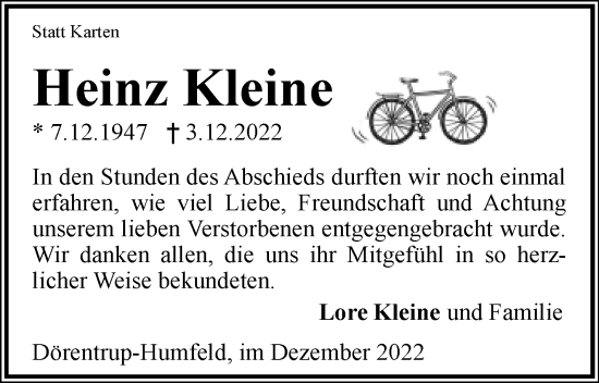 Anzeige  Heinz Kleine  Lippische Landes-Zeitung