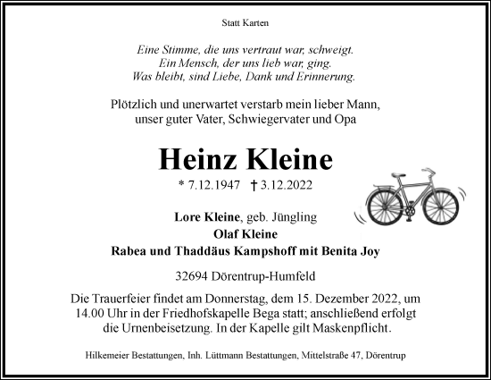 Anzeige  Heinz Kleine  Lippische Landes-Zeitung