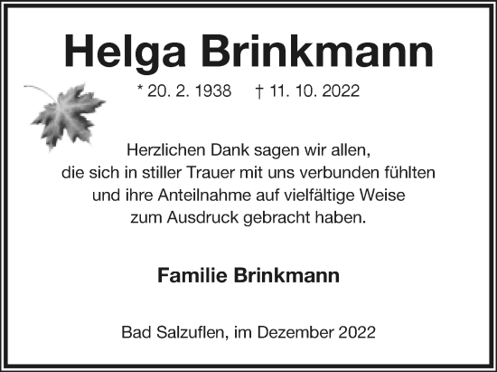 Anzeige  Helga Brinkmann  Lippische Landes-Zeitung