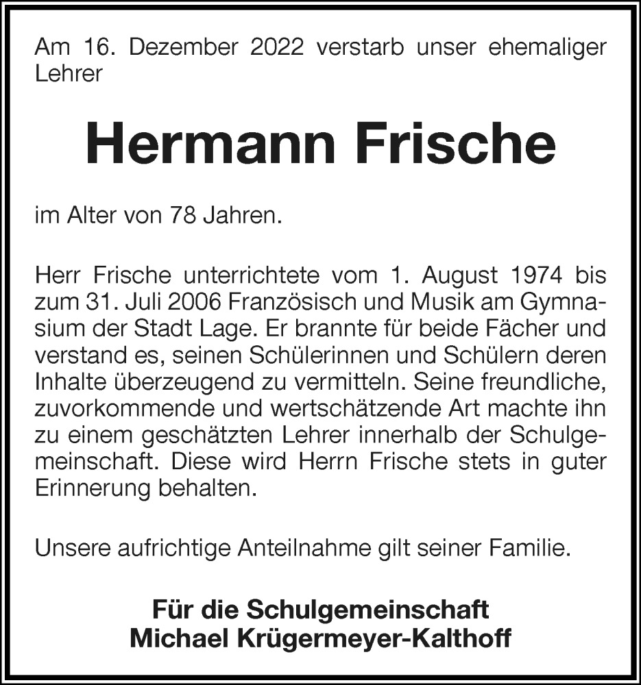  Traueranzeige für Hermann Frische vom 24.12.2022 aus Lippische Landes-Zeitung