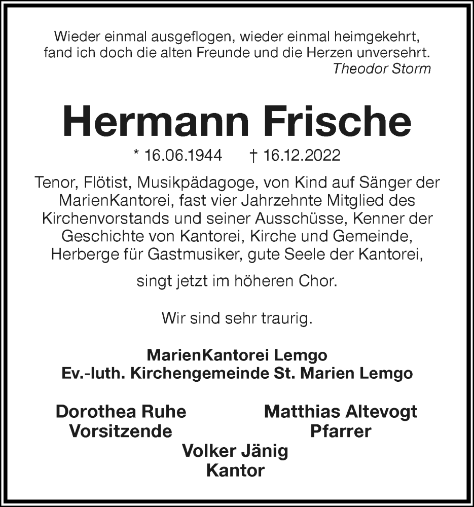  Traueranzeige für Hermann Frische vom 24.12.2022 aus Lippische Landes-Zeitung