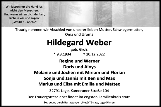 Anzeige  Hildegard Weber  Lippische Landes-Zeitung