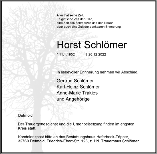Anzeige  Horst Schlömer  Lippische Landes-Zeitung