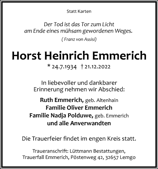 Anzeige  Horst Heinrich Emmerich  Lippische Landes-Zeitung