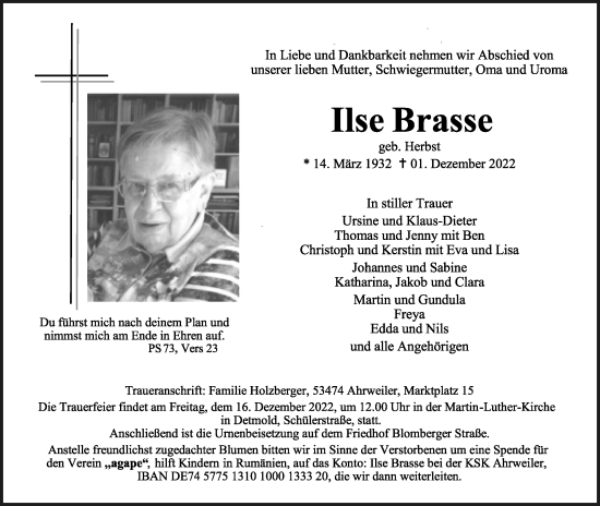 Anzeige  Ilse Brasse  Lippische Landes-Zeitung