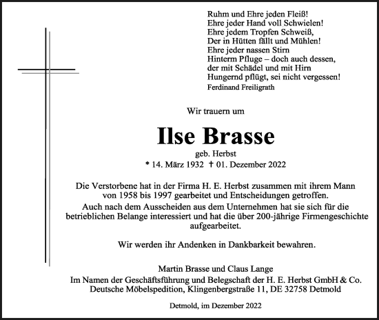 Anzeige  Ilse Brasse  Lippische Landes-Zeitung