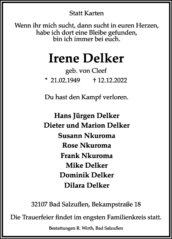 Anzeige  Irene Delker  Lippische Landes-Zeitung