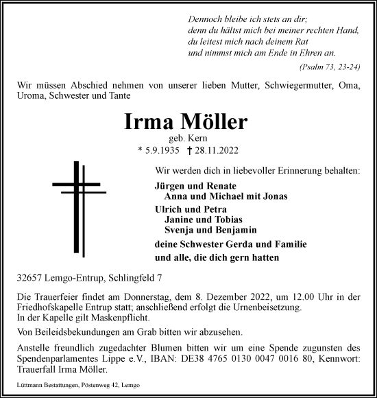 Anzeige  Irma Möller  Lippische Landes-Zeitung